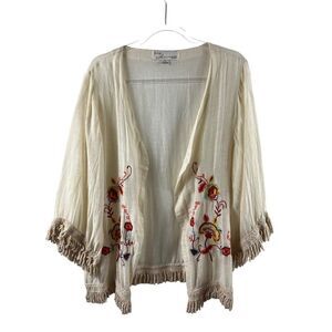 Vintage Havana Linen Embroidered Fringe Kimono Cream Small Boho Cottagecore
